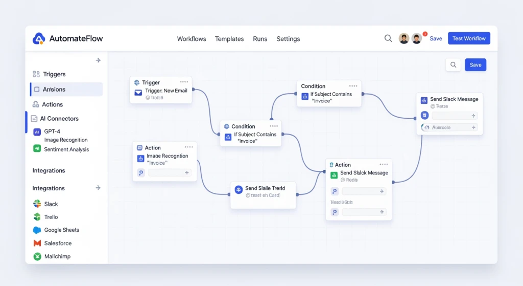 No-code automation platform interface showing workflow builder and AI integration options