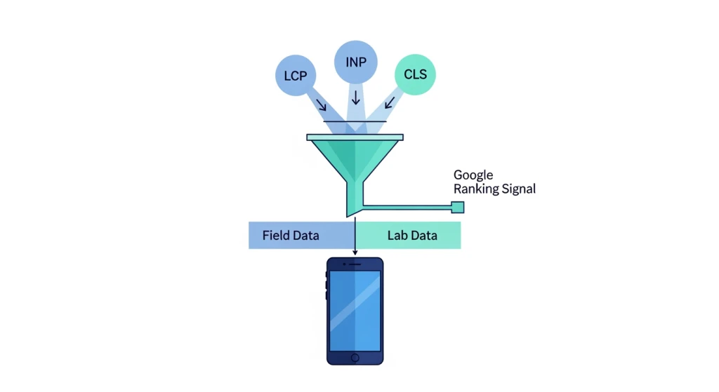 Page experience signal components diagram showing Core Web Vitals field data at 75th percentile on mobile devices