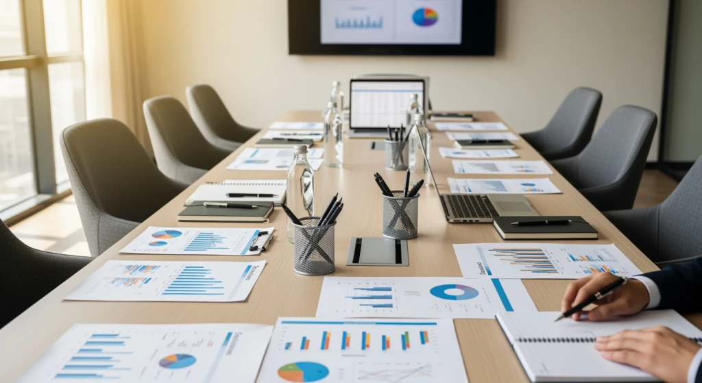 Professional meeting room setup showing boundary setting discussion between marketing manager and business owner