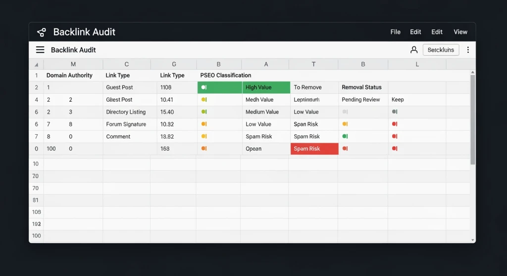 PSEO link audit spreadsheet with toxic backlink analysis and removal tracking
