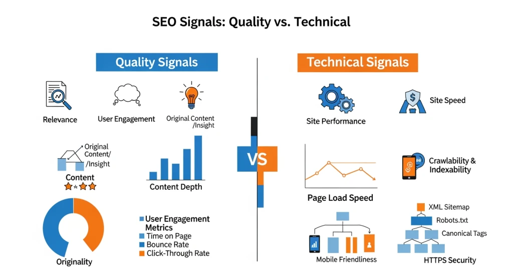 Quality signals versus technical signals comparison for service page indexing optimization