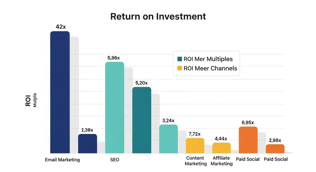 Revenue prioritization matrix showing email and owned media ROI compared to social media for solo marketers