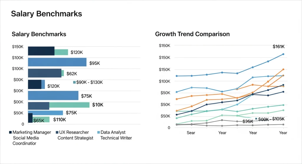 Salary benchmarks and growth projections for low-stress marketing and analytical career alternatives with industry comparison data
