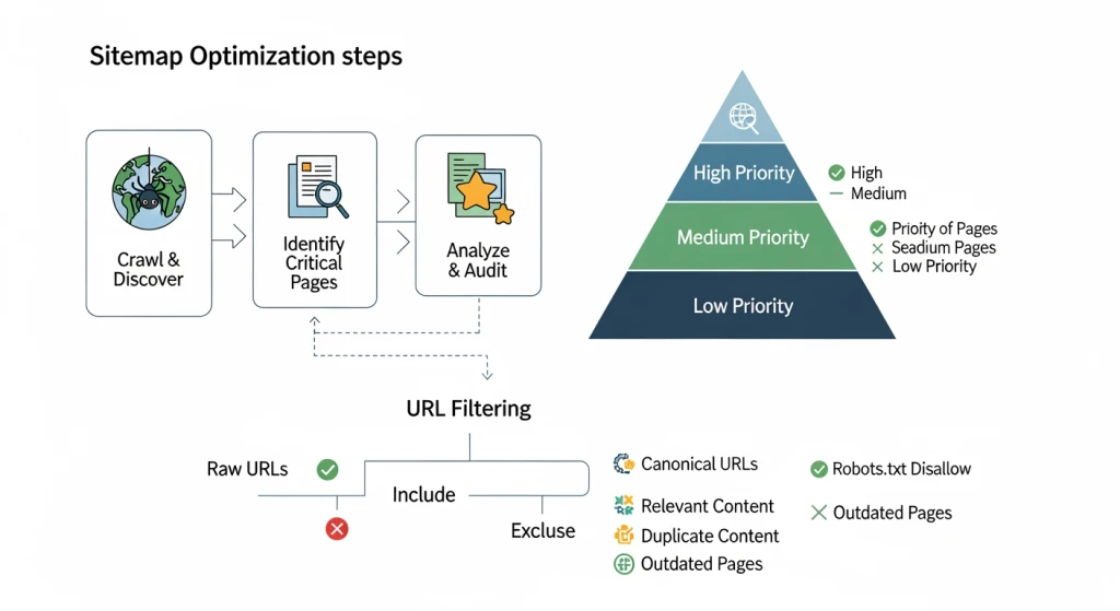 SEO manager implementing XML sitemap best practices with priority hierarchy and clean URL structure