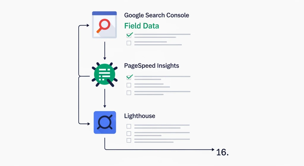 SEO manager priority matrix showing Core Web Vitals monitoring tools including Google Search Console and PageSpeed Insights workflow