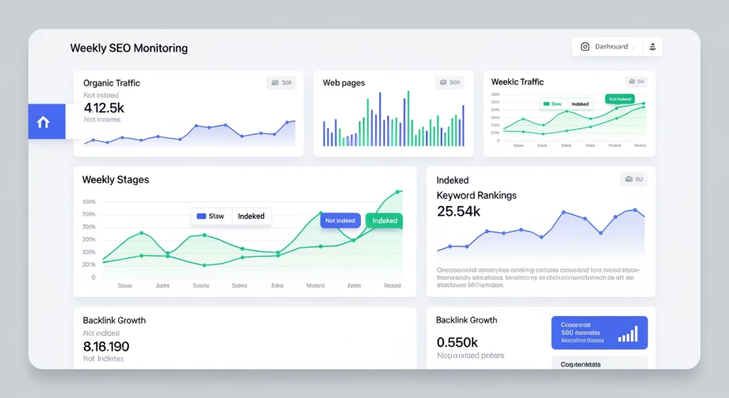 SEO monitoring dashboard showing weekly progress tracking and recovery metrics