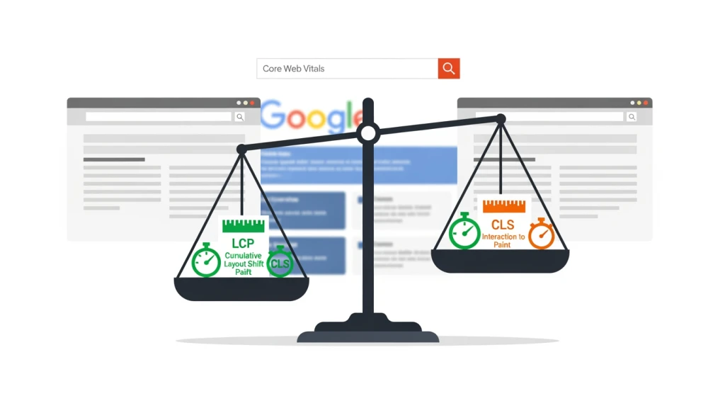 SEO ranking tie-breaker diagram showing Core Web Vitals as a page experience signal between two competing pages