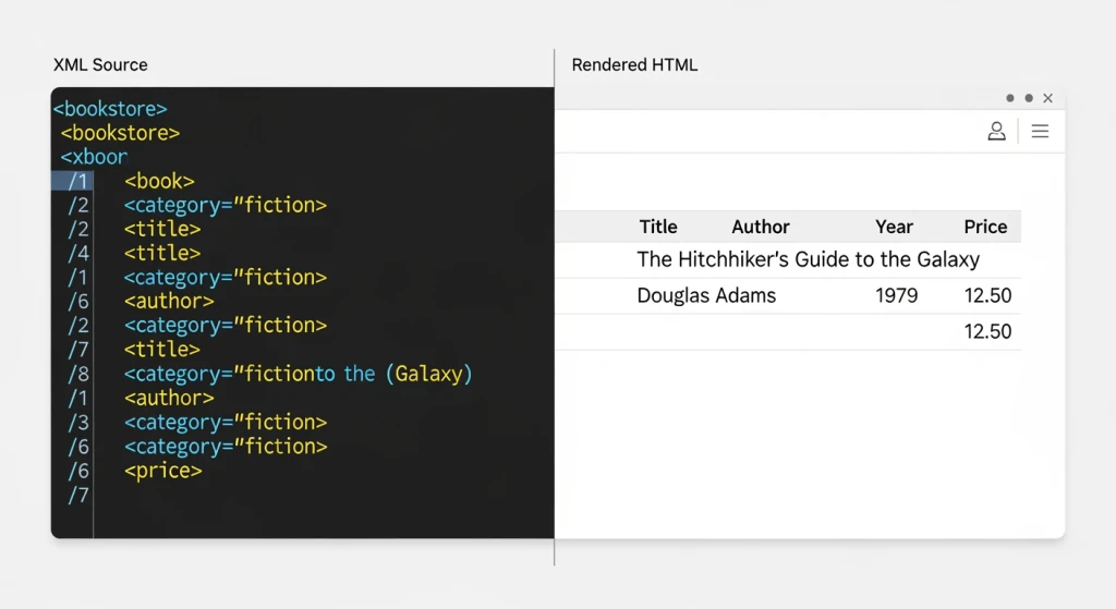Side-by-side comparison of XML sitemap code structure versus HTML sitemap page layout for SEO