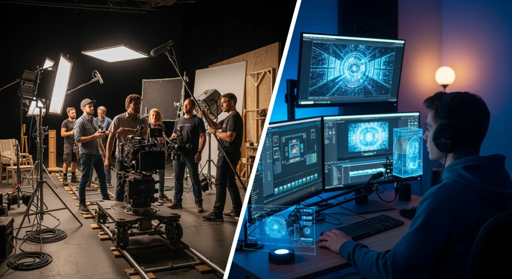 Split screen comparison of traditional film crew versus AI-powered content creation setup