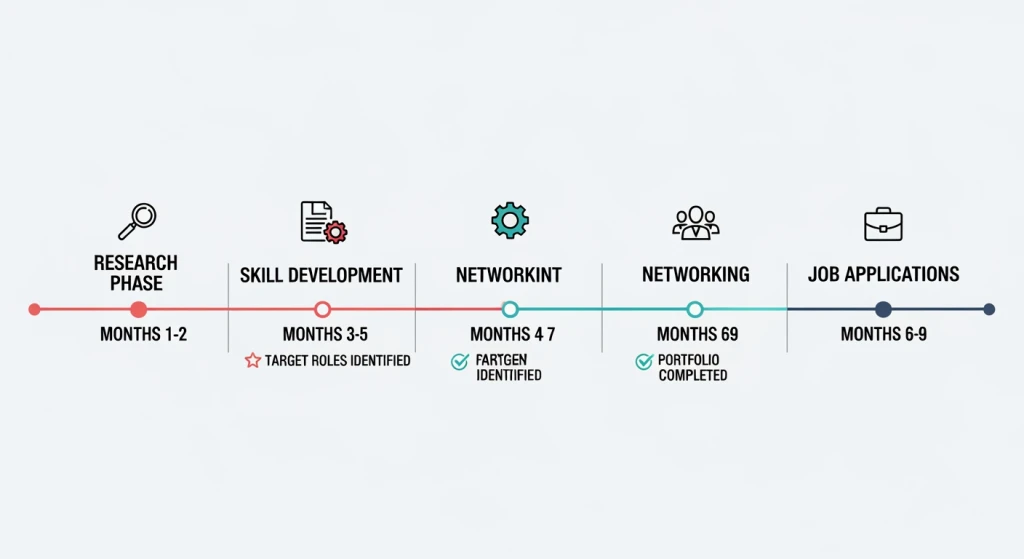 Step-by-step career transition timeline from marketing burnout to low-stress analytical positions with monthly milestones
