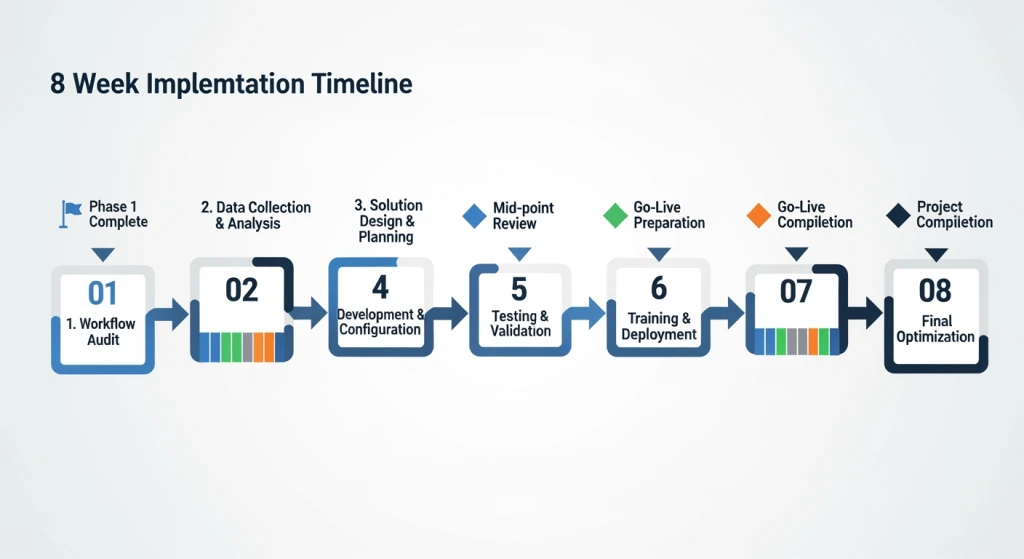 Step-by-step implementation roadmap for sustainable video editing workflows showing 8-week transformation process