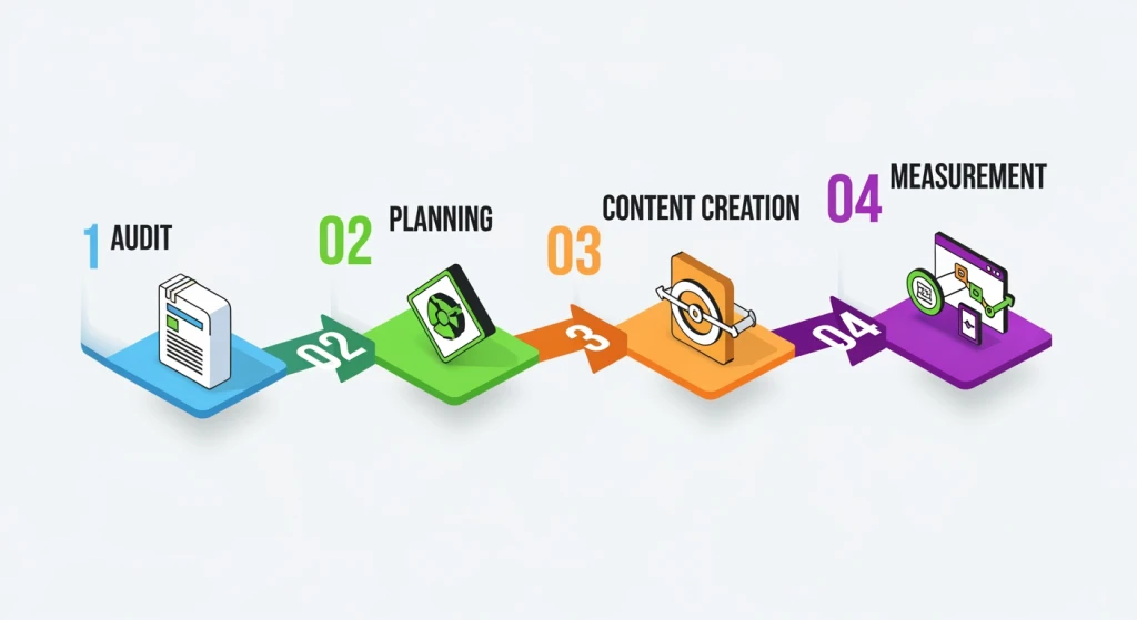 Step-by-step SEO strategy building process flowchart from audit to implementation