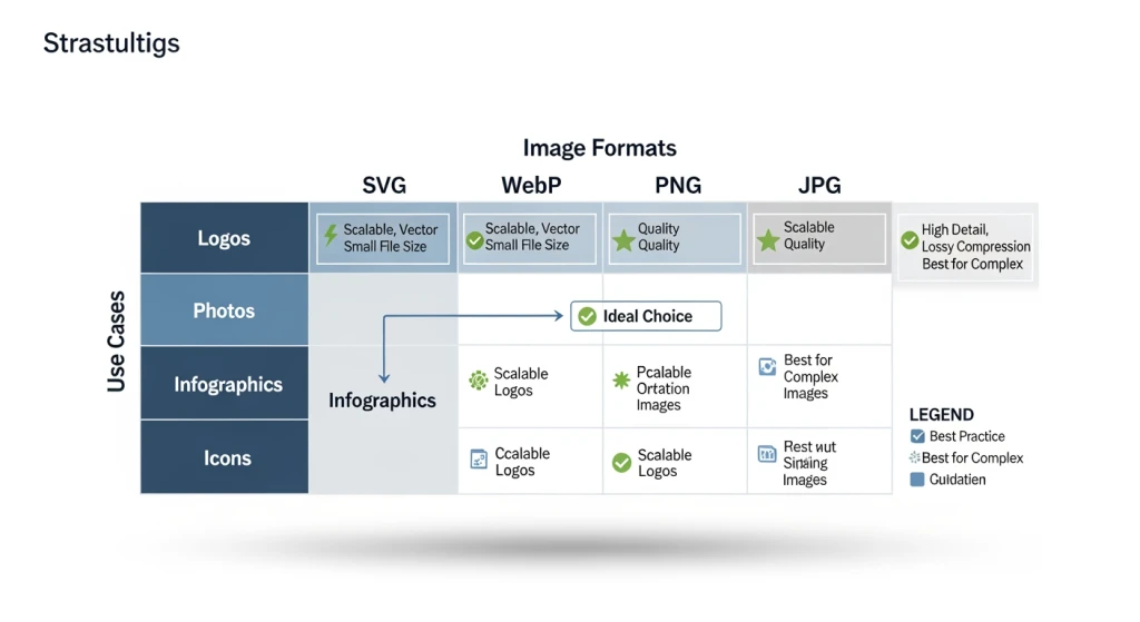 Strategic diagram showing optimal image format selection for different content types and SEO goals