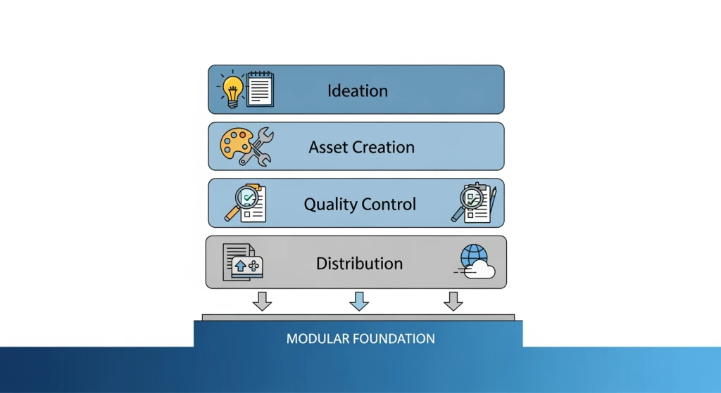 Strategic toolkit structure diagram showing core four-tool stack with ideation, creation, editing and distribution layers connected in workflow