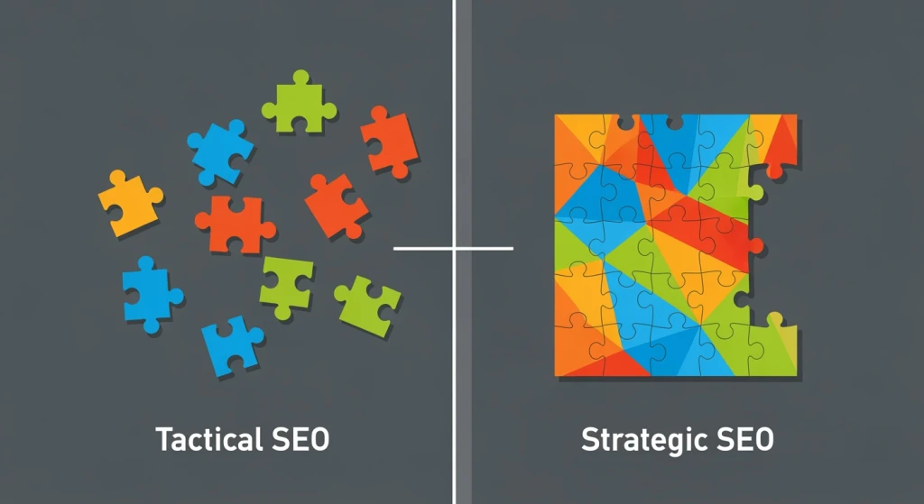 Strategic versus tactical SEO approach comparison showing long-term planning versus short-term optimization