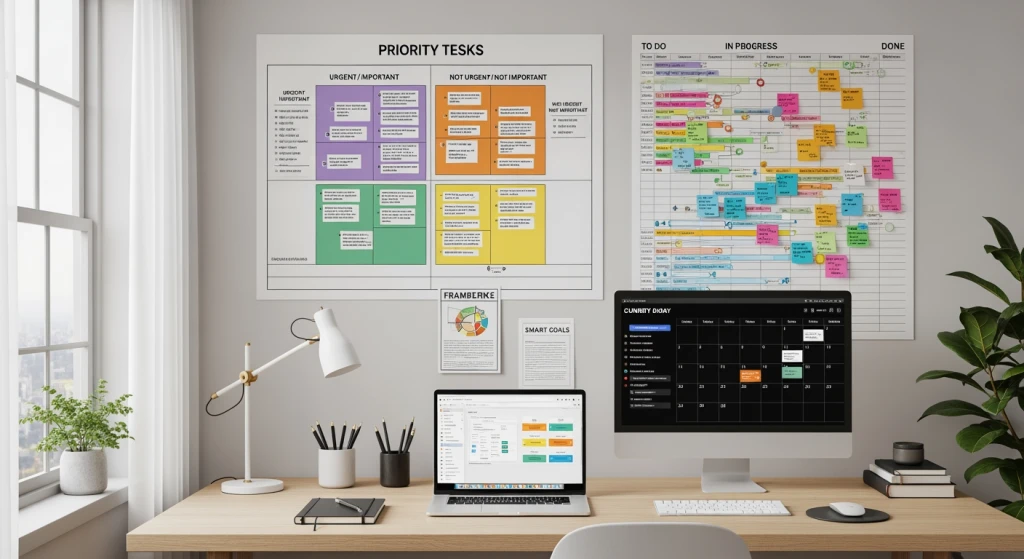 Task prioritization framework showing 80/20 rule applied to marketing activities with time blocking calendar