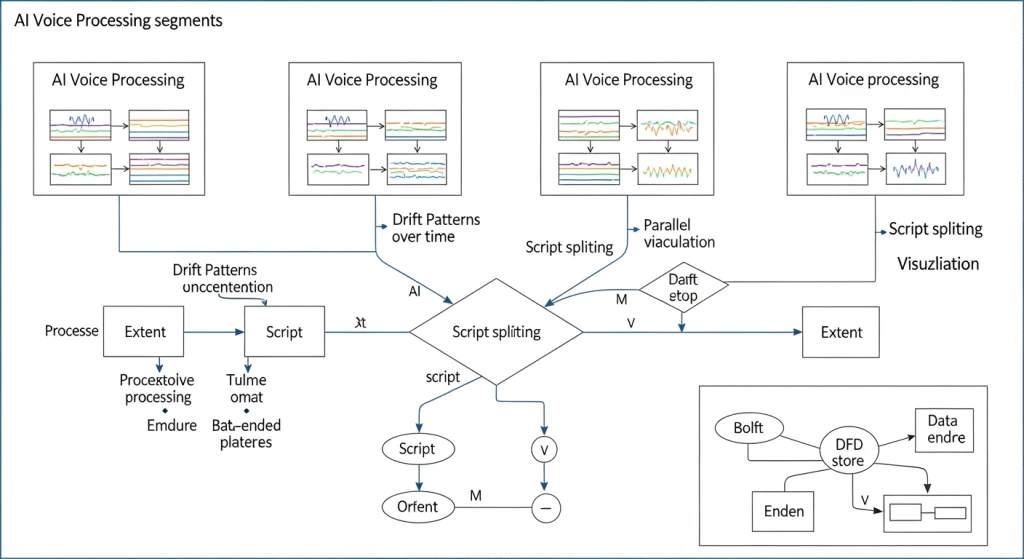 Technical diagram showing AI voice drift patterns and script splitting issues in long-form content