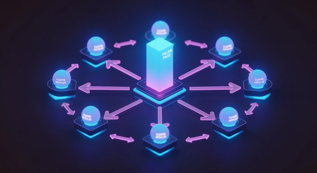 Topic cluster hub and spoke content architecture showing pillar page connected to supporting articles