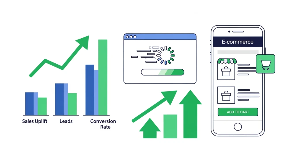 User engagement metrics improvement chart showing 8 percent sales increase from Core Web Vitals LCP optimization like Vodafone case study