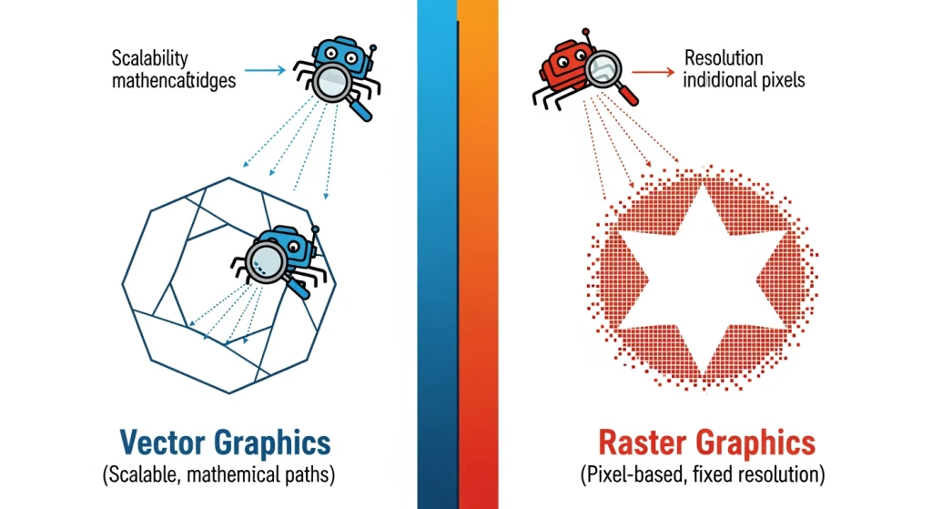 Vector vs raster graphics comparison showing scalability and search engine indexability differences
