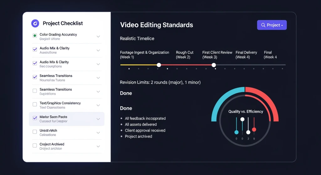 Video project quality standards checklist and timeline showing realistic expectations vs perfectionism in video editing workflows