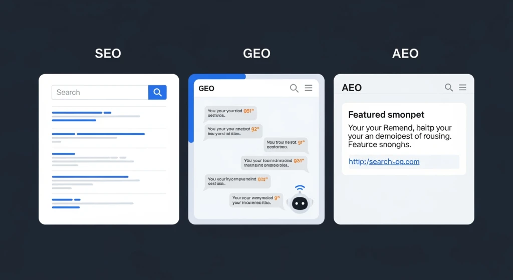 Visual comparison of SEO, GEO, and AEO showing different optimization targets: search rankings, AI citations, and featured snippets