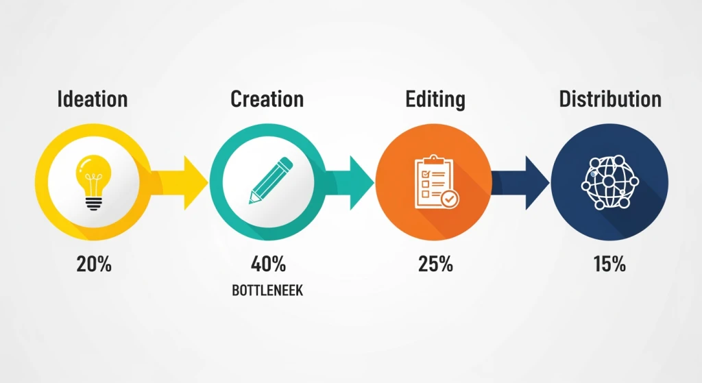 Visual diagram showing four content creation bottleneck types with time allocation percentages for ideation, creation, editing and distribution