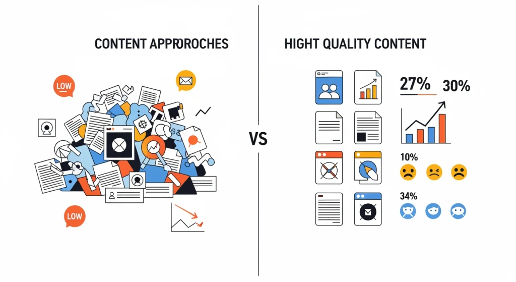 Visual representation of content quality versus quantity showing engagement metrics and brand consistency