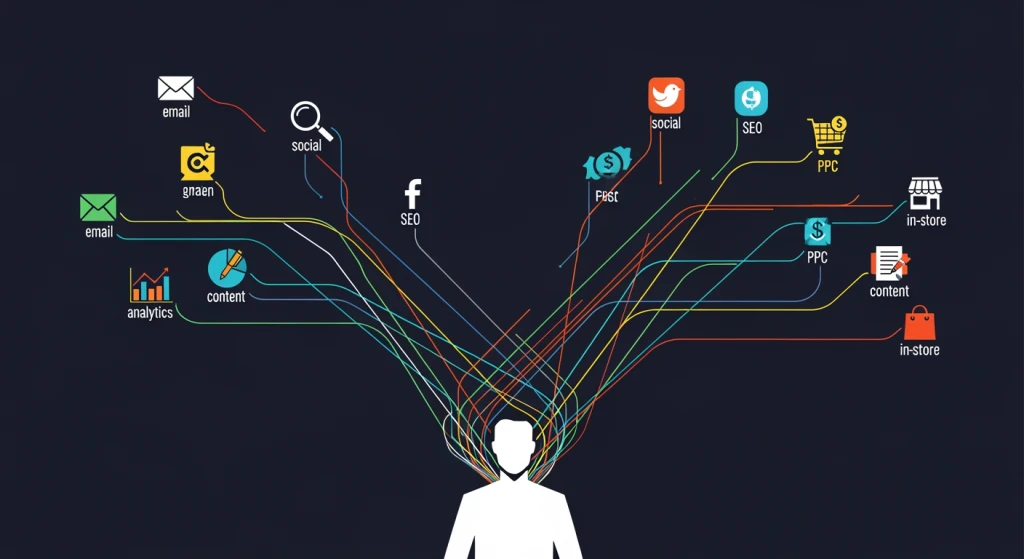Visual showing multichannel marketing overload for solo retail marketer with burnout statistics
