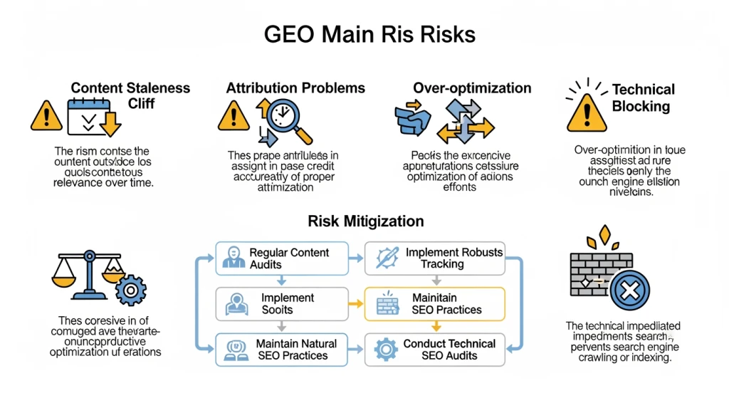 Warning-style infographic showing GEO risks including content staleness, attribution challenges, and over-optimization dangers