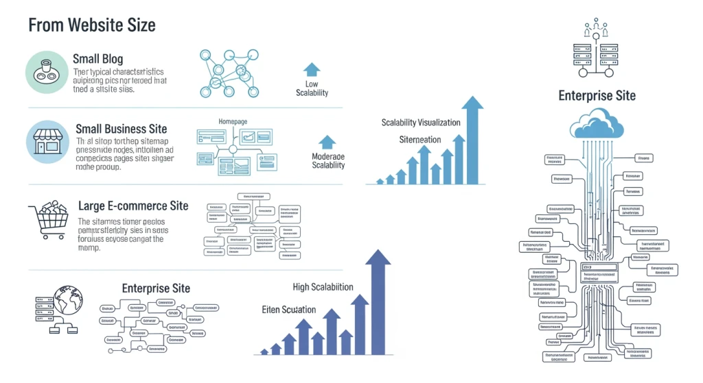 Website scale comparison showing different site sizes and their XML sitemap optimization requirements