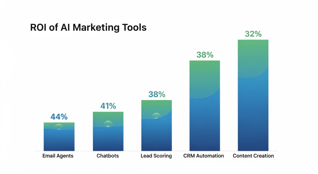 AI marketing tool ROI comparison chart showing email agents at 44% lead chatbots at 41% and lead scoring at 38% for SMBs
