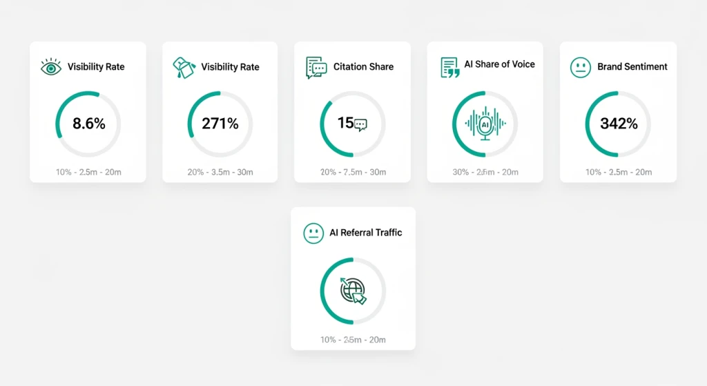 AI search visibility KPI comparison table showing visibility rate, citation share, AI share of voice, and brand sentiment metrics with benchmark ranges