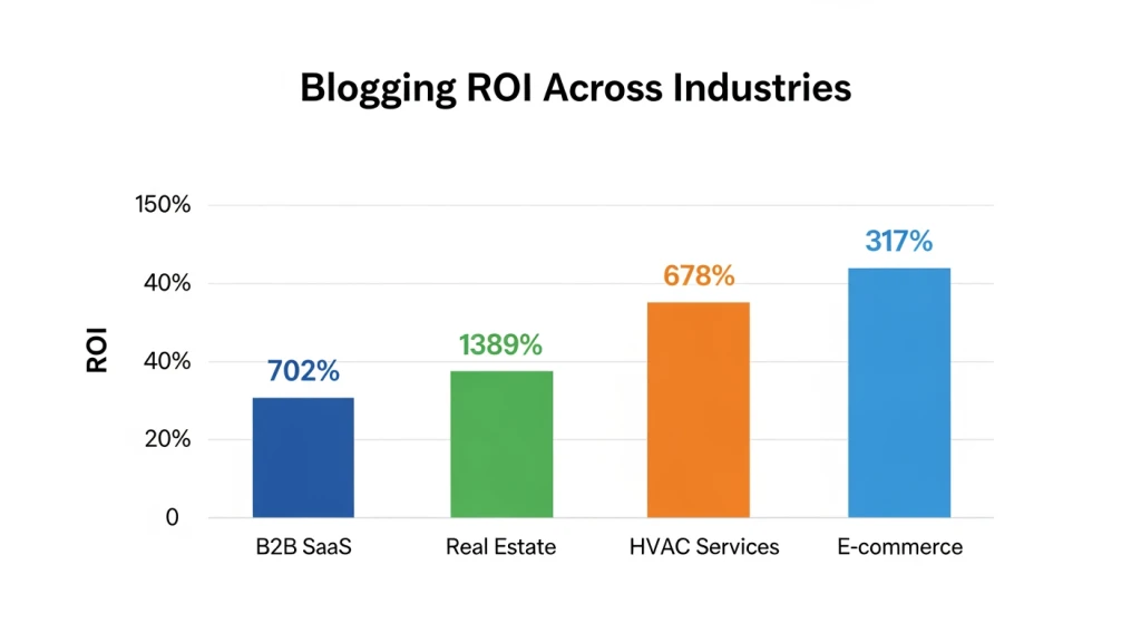 Blogging ROI comparison across industries in 2026 including B2B SaaS, real estate, HVAC and e-commerce