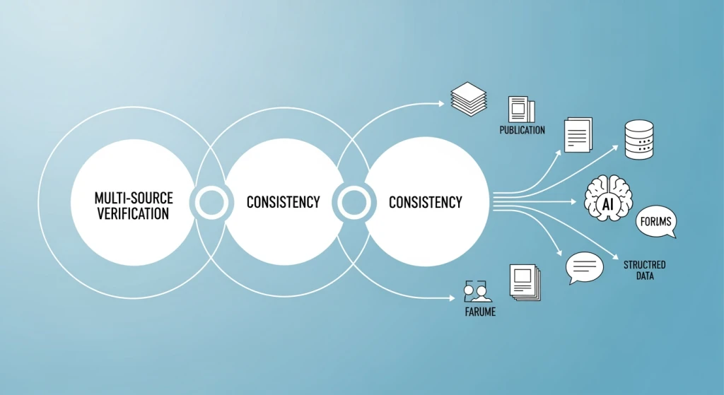 ChatGPT brand selection signals showing authority consistency and multi-source verification diagram
