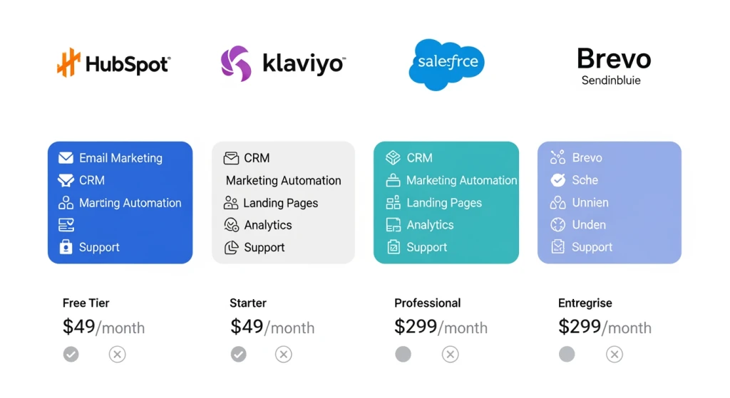 Comparison of best AI marketing automation platforms for SMBs including HubSpot Klaviyo Salesforce and Brevo