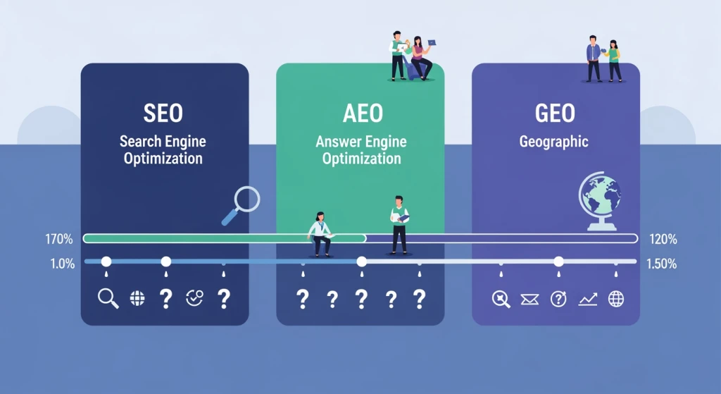 Comparison table visualization for SEO AEO and GEO metrics timelines and success signals