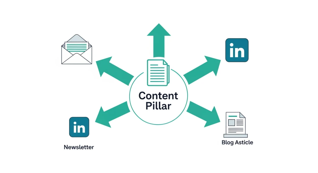 Consistent brand messaging across digital marketing channels illustrated as a central content pillar distributing to email social and blog