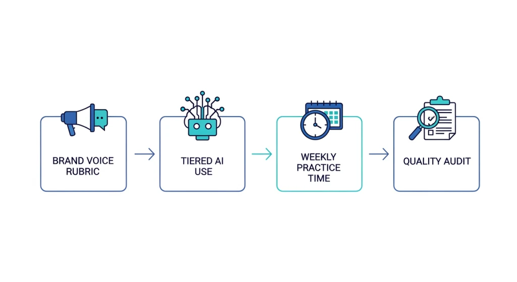 Content team AI governance framework showing brand voice rubric and workflow standards diagram