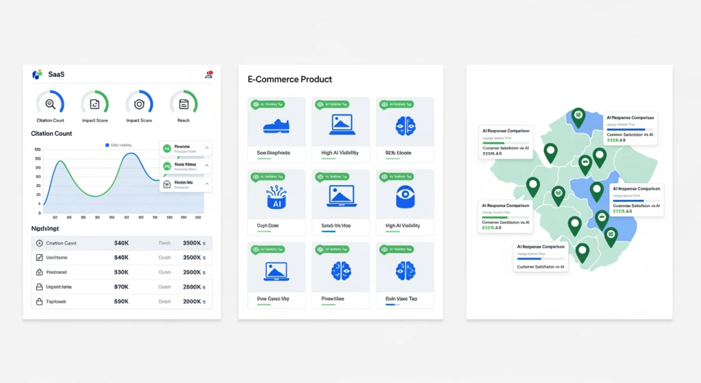 Cross-industry AI brand visibility results showing SaaS, ecommerce, and franchise use cases for AI monitoring tools