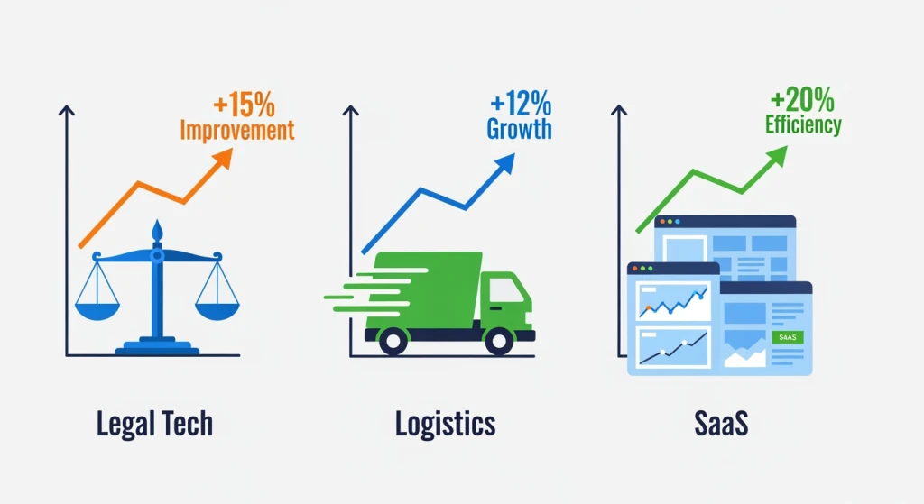 Cross-industry AI marketing tool case studies showing results in legal tech logistics and SaaS sectors