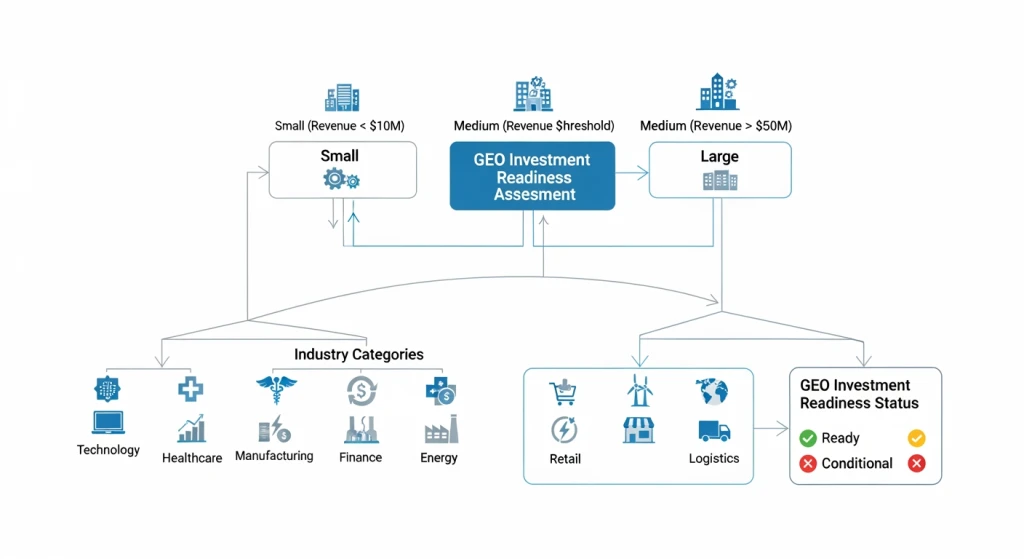 Decision framework showing when companies should invest in generative engine optimization based on size and industry