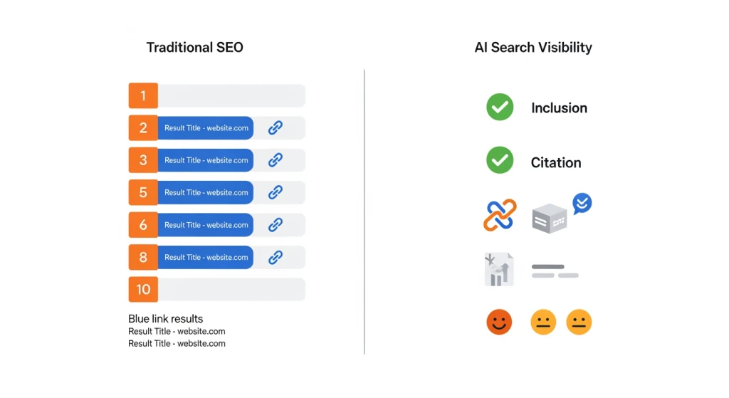 Diagram comparing traditional SEO keyword rankings versus AI search visibility metrics including inclusion, citation, and brand sentiment
