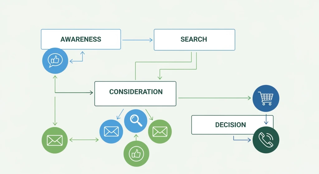 Diagram showing how to select the right digital marketing channels based on buyer journey stages for SMBs
