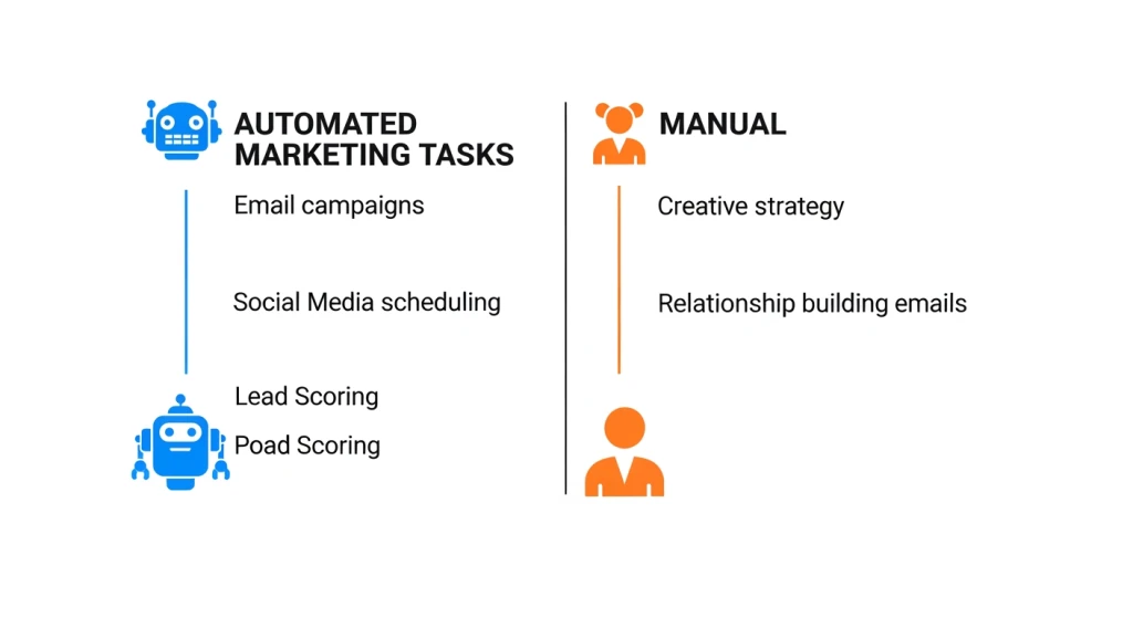 Diagram showing which digital marketing tasks to automate versus keep human-led for SMB marketing managers