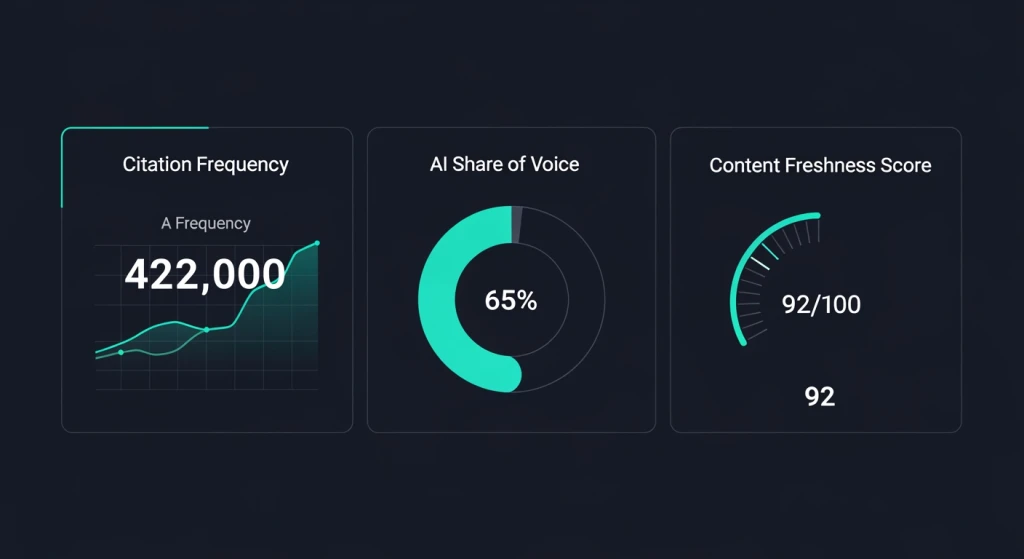 GEO KPI dashboard showing citation frequency, share of AI voice, and content freshness metrics