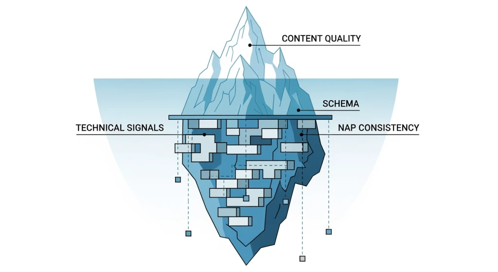 Iceberg diagram showing technical SEO foundation beneath content quality for ChatGPT visibility