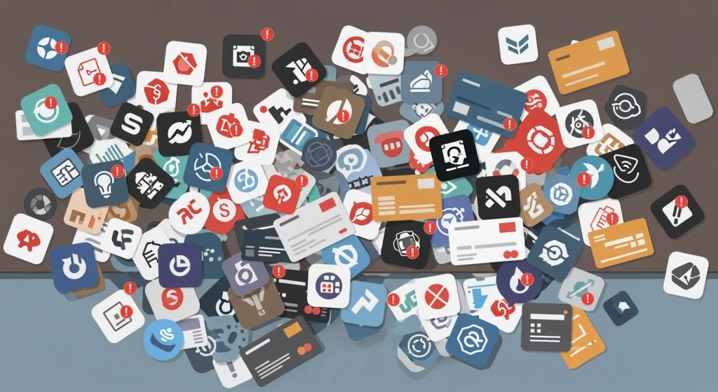 Illustration of AI marketing tool sprawl problem showing too many disconnected tools for SMB marketing managers