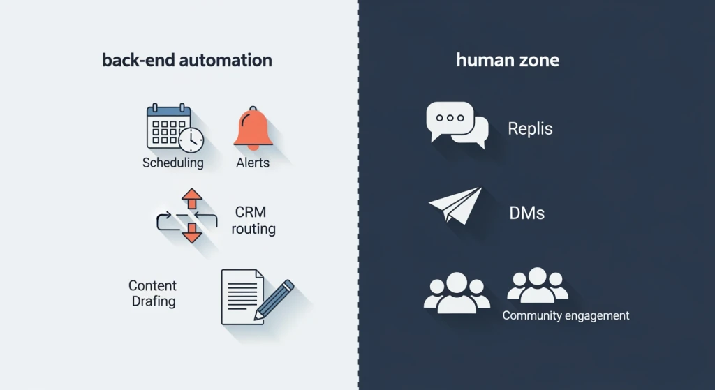 Selective social media automation framework dividing back-end logistics from front-end human interactions
