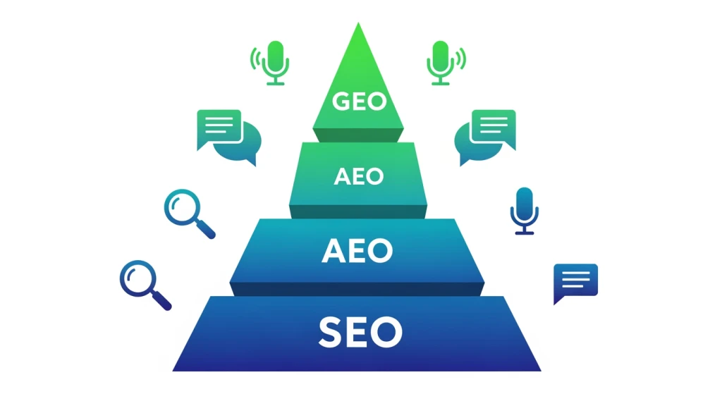 SEO as foundation for AEO and GEO strategy showing compounding visibility across search channels